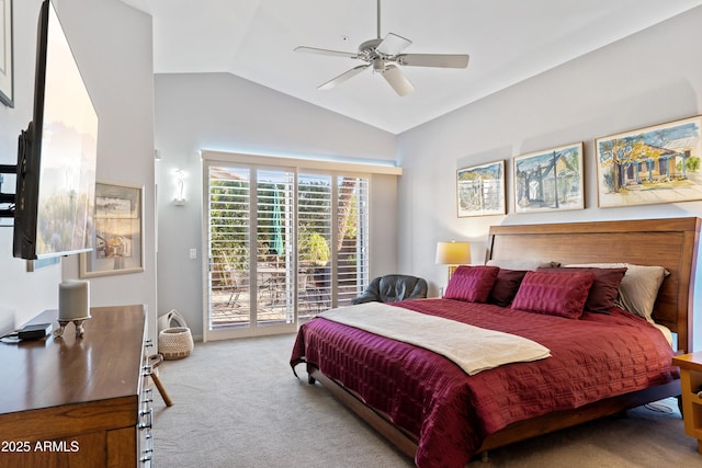 carpeted bedroom with access to exterior, ceiling fan, and lofted ceiling