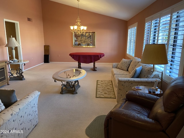 carpeted living room with lofted ceiling, billiards, and an inviting chandelier