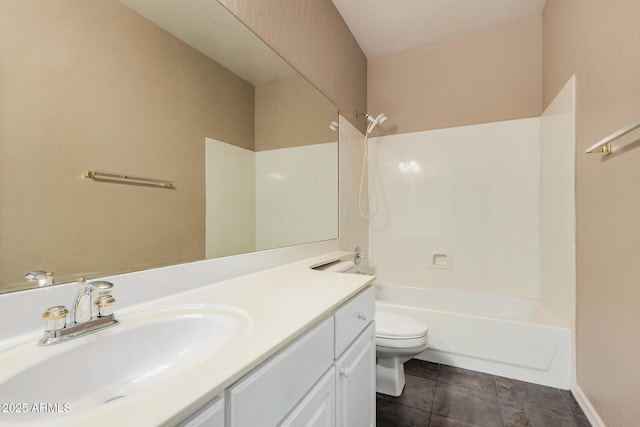 full bathroom featuring shower / bathing tub combination, vanity, tile patterned flooring, and toilet