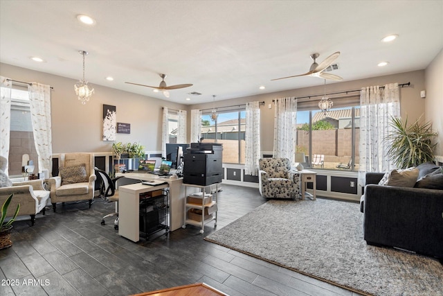 living area with recessed lighting, dark wood-style floors, and ceiling fan