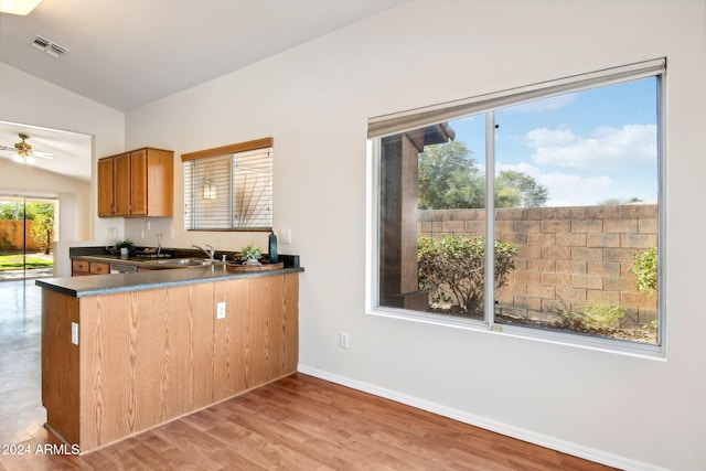 kitchen with sink, vaulted ceiling, light wood-type flooring, and a healthy amount of sunlight