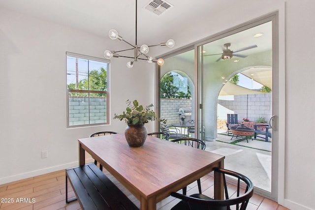 6641 N Desert Shadow Ln, Phoenix, AZ 85014 - dining area with plenty of natural light, baseboards, a chandelier, and ceiling fan