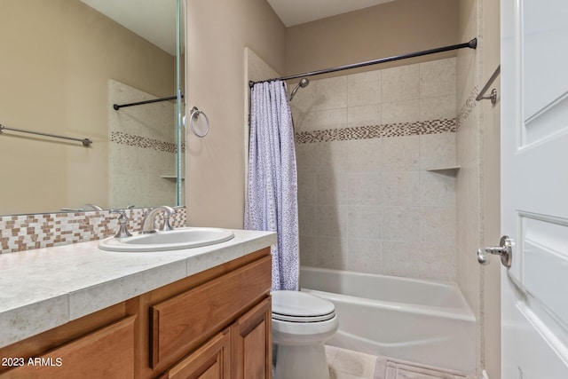 full bathroom with shower / bath combo, tasteful backsplash, toilet, and vanity