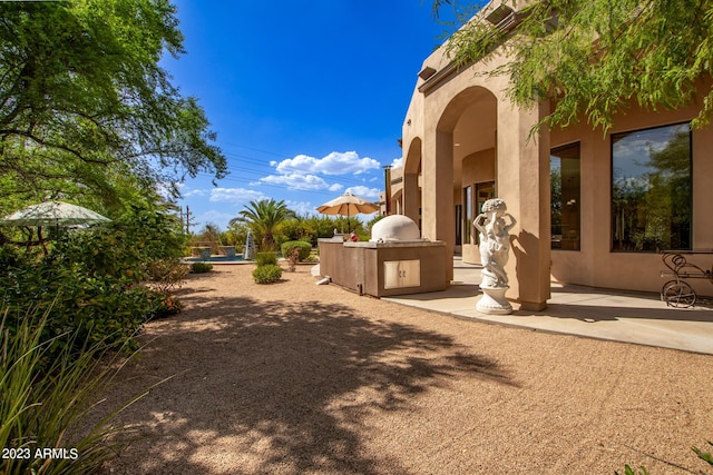 view of yard with exterior kitchen and a patio