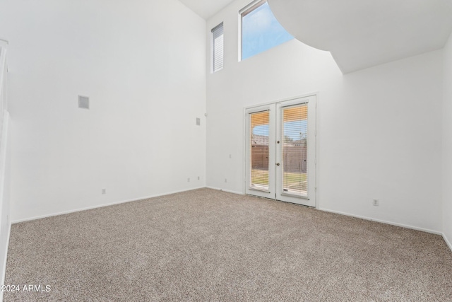 empty room featuring a high ceiling, a wealth of natural light, and carpet flooring