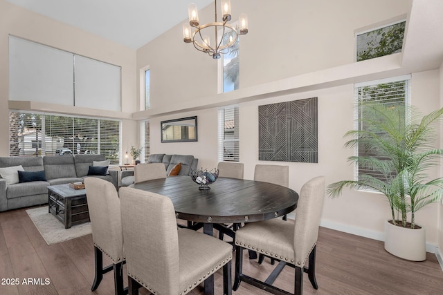 1574 E Scott Ave, Gilbert, AZ 85234 - dining area with wood finished floors, a chandelier, healthy amount of natural light, and a high ceiling