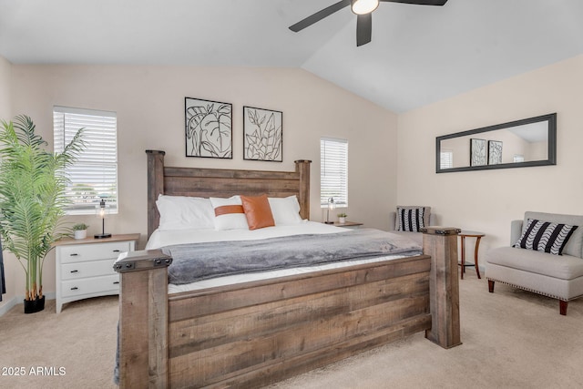 1574 E Scott Ave, Gilbert, AZ 85234 - bedroom with light colored carpet, multiple windows, vaulted ceiling, and a ceiling fan
