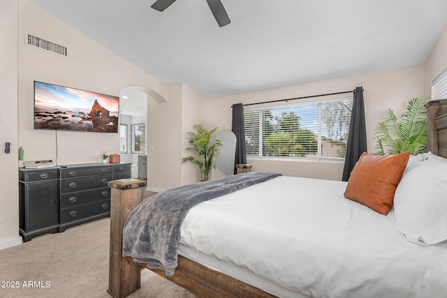 1574 E Scott Ave, Gilbert, AZ 85234 - carpeted bedroom featuring arched walkways, lofted ceiling, and ceiling fan
