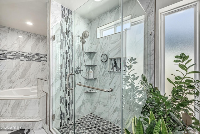 4020 W Anderson Dr, Glendale, AZ 85308 - bathroom with a bath, a marble finish shower, and recessed lighting