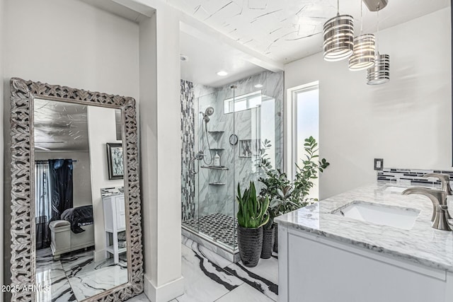 4020 W Anderson Dr, Glendale, AZ 85308 - full bath with marble finish floors, a marble finish shower, vanity, and a chandelier
