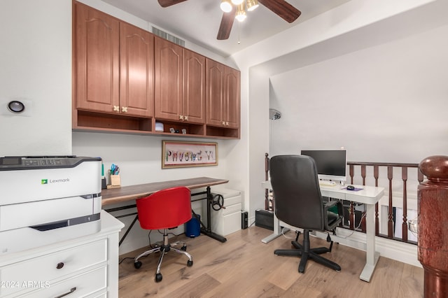 office space featuring ceiling fan and light wood-type flooring