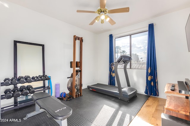 workout room with ceiling fan and wood-type flooring