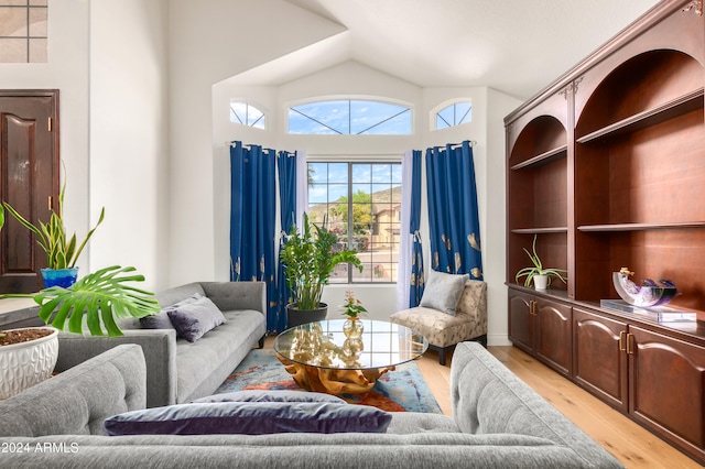 living room with high vaulted ceiling and light wood-type flooring