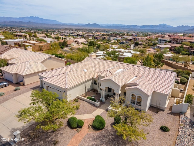 aerial view featuring a residential view and a mountain view