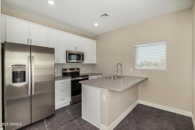 kitchen with white cabinetry, sink, backsplash, kitchen peninsula, and appliances with stainless steel finishes