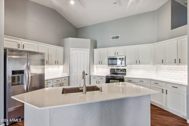 kitchen featuring white cabinetry, sink, an island with sink, and appliances with stainless steel finishes