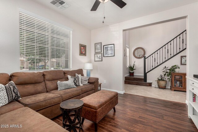 2048 S Martingale Rd, Gilbert, AZ 85295 - living area with a ceiling fan, wood finished floors, stairway, and baseboards