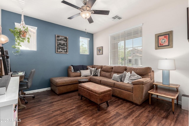 2048 S Martingale Rd, Gilbert, AZ 85295 - living area featuring dark wood finished floors, a ceiling fan, an office area, and baseboards