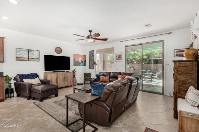 2048 S Martingale Rd, Gilbert, AZ 85295 - living room with ceiling fan, light tile patterned floors, and recessed lighting
