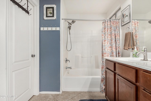 2048 S Martingale Rd, Gilbert, AZ 85295 - bathroom with shower / bath combo with shower curtain, vanity, tile patterned flooring, and baseboards