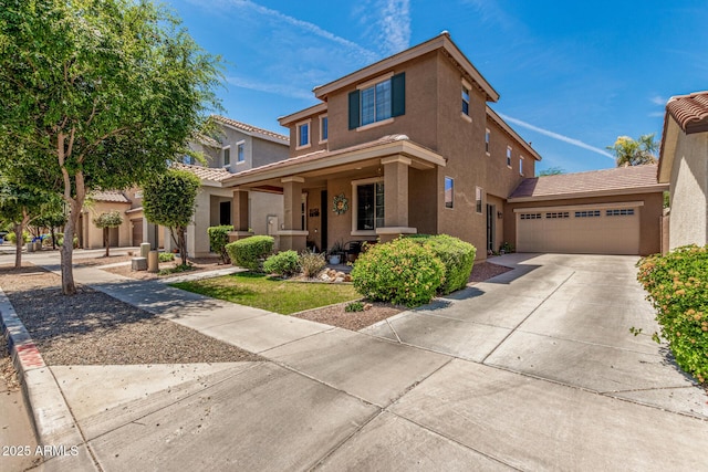 2048 S Martingale Rd, Gilbert, AZ 85295 - view of front facade with stucco siding, covered porch, a tiled roof, a garage, and concrete driveway