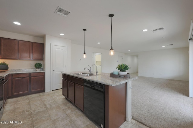 kitchen featuring light carpet, black appliances, visible vents, and a sink