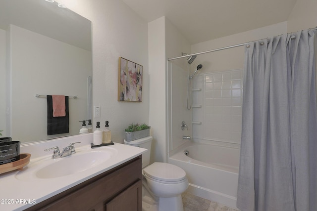 full bathroom featuring toilet, shower / bath combination with curtain, and vanity