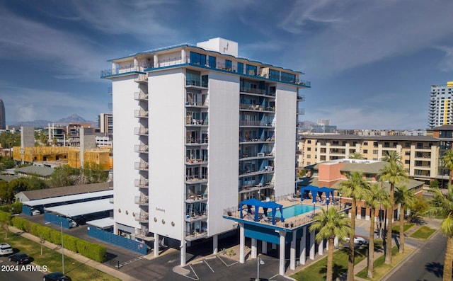 view of building exterior with a city view