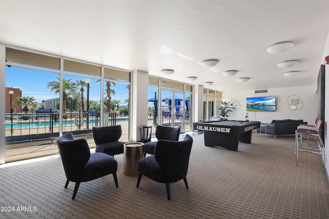 interior space featuring expansive windows, carpet flooring, and a wealth of natural light