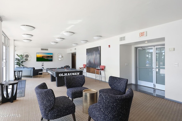 game room with visible vents, pool table, carpet floors, and baseboards