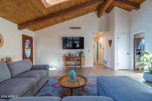 living room featuring a skylight, wooden ceiling, beamed ceiling, high vaulted ceiling, and light hardwood / wood-style floors