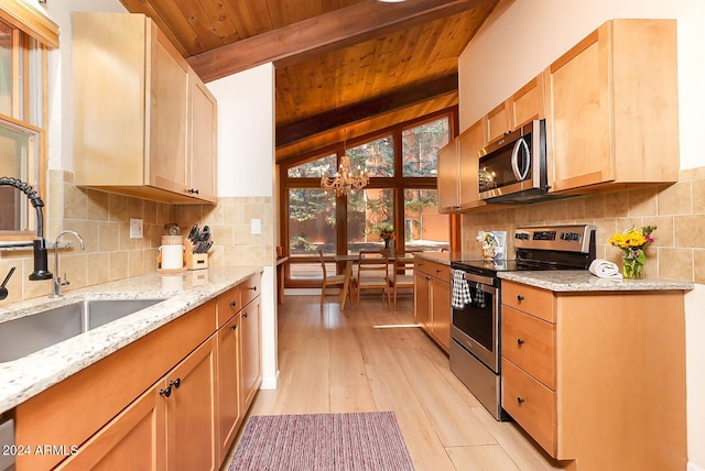 kitchen with appliances with stainless steel finishes, sink, light hardwood / wood-style flooring, wooden ceiling, and vaulted ceiling with beams