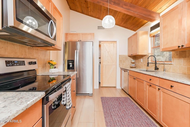 kitchen featuring vaulted ceiling with beams, light stone counters, wooden ceiling, and appliances with stainless steel finishes