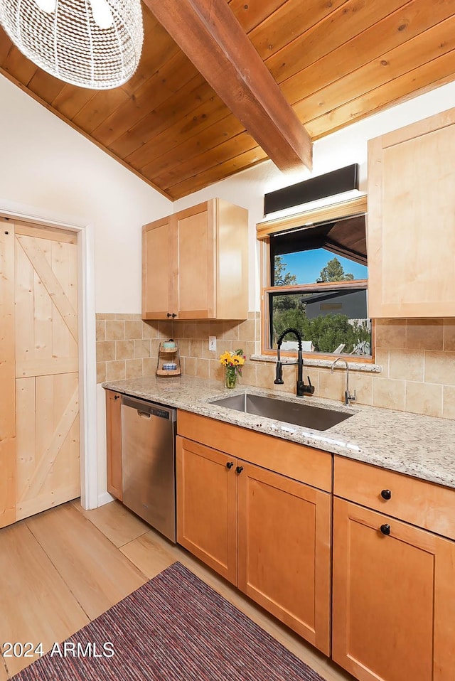 kitchen with tasteful backsplash, wood ceiling, sink, lofted ceiling with beams, and dishwasher