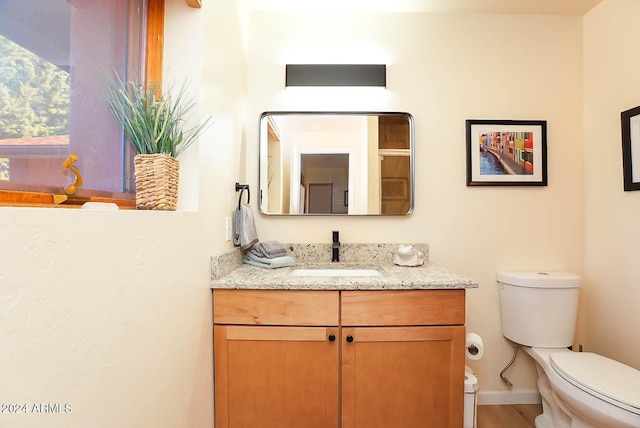 bathroom featuring hardwood / wood-style flooring, vanity, a healthy amount of sunlight, and toilet