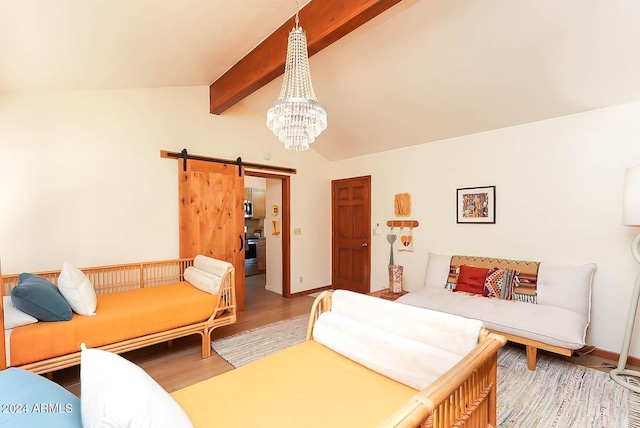 bedroom with a barn door, an inviting chandelier, lofted ceiling with beams, and wood-type flooring