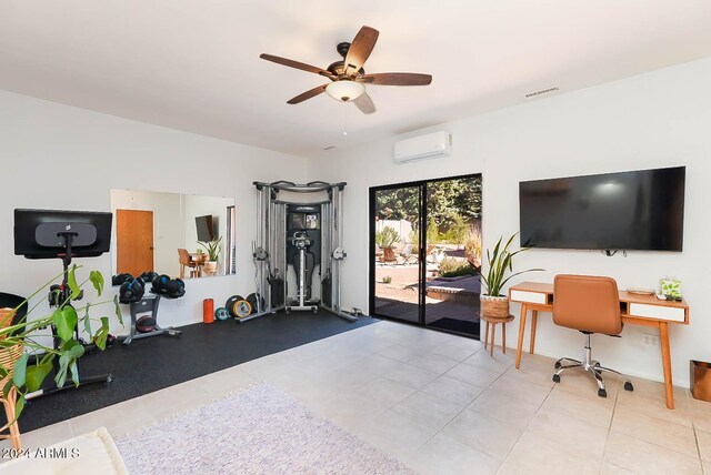 tiled home office with a wall mounted AC and ceiling fan