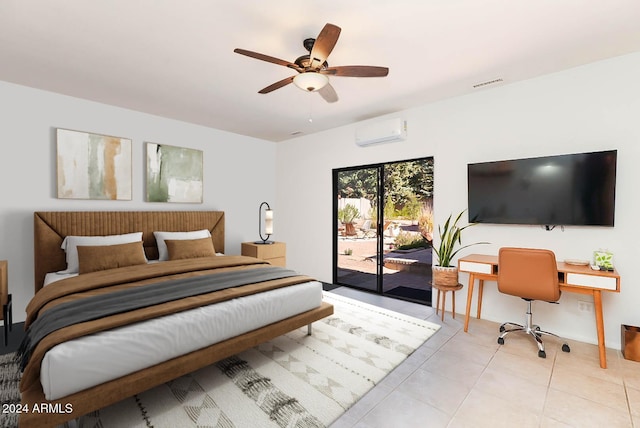 bedroom featuring light tile patterned floors, access to outside, an AC wall unit, and ceiling fan