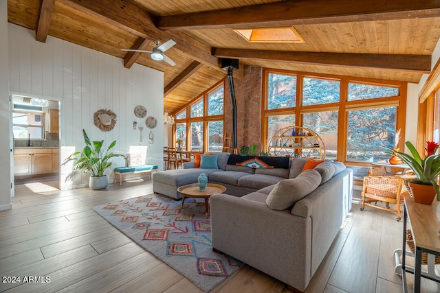 living room featuring a skylight, wood ceiling, ceiling fan, beam ceiling, and light hardwood / wood-style flooring