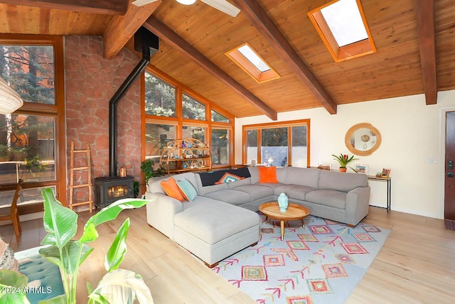 living room with beam ceiling, light wood-type flooring, a wood stove, and a skylight