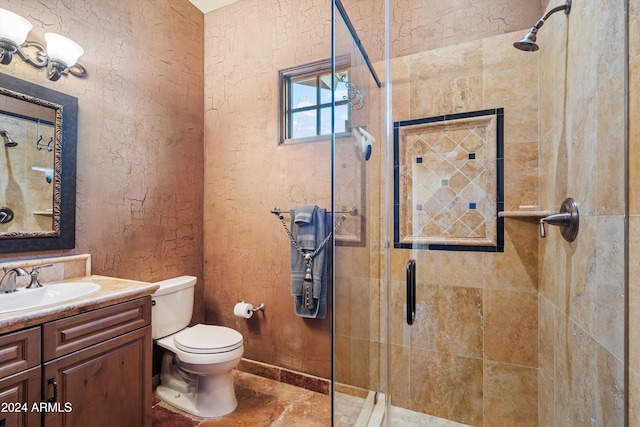 bathroom with vanity, toilet, and a shower with shower door