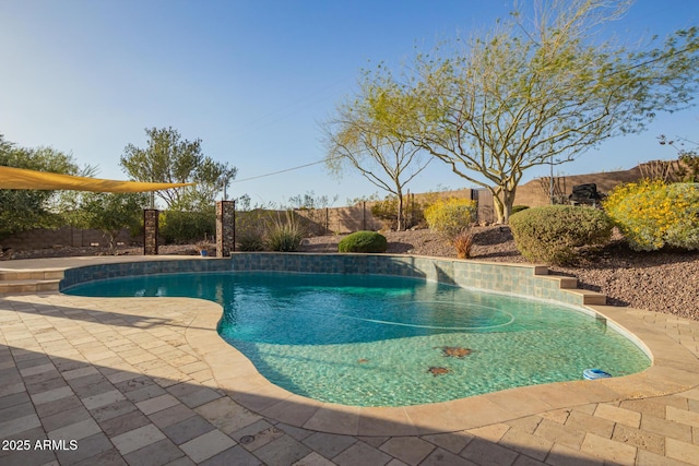 outdoor pool with a patio and a fenced backyard