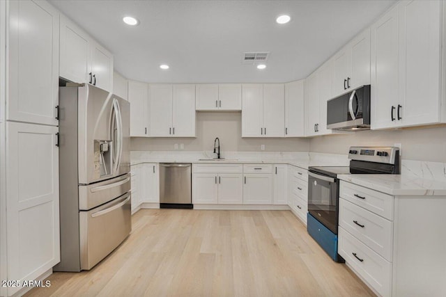 3846 W Cavalier Dr, Phoenix, AZ 85019 - kitchen with visible vents, a sink, light wood finished floors, white cabinetry, and stainless steel appliances