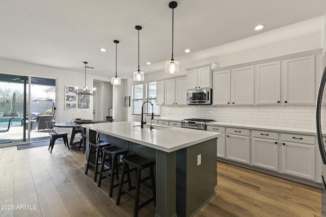 kitchen featuring stainless steel appliances, a sink, decorative backsplash, and wood finished floors