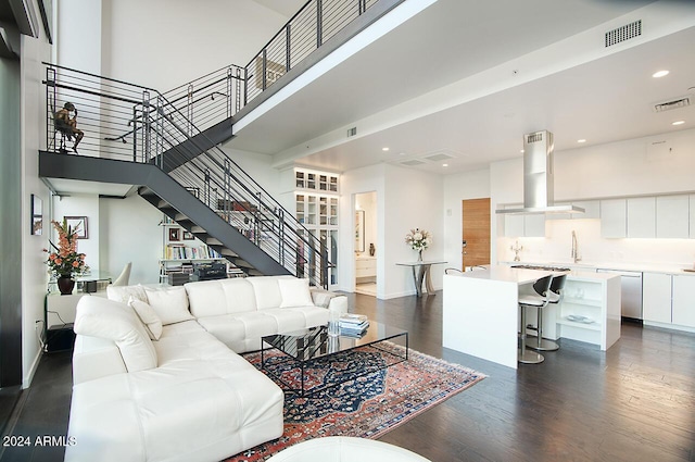 living room featuring sink, a towering ceiling, and dark wood-type flooring