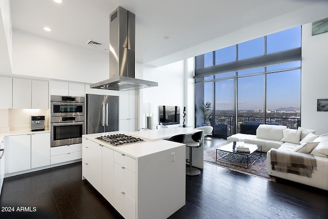 kitchen featuring a kitchen island, island range hood, dark hardwood / wood-style flooring, white cabinetry, and stainless steel appliances