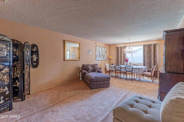 carpeted living room with an inviting chandelier and a textured ceiling