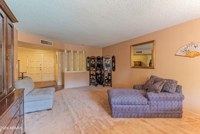 living room featuring light colored carpet and a textured ceiling