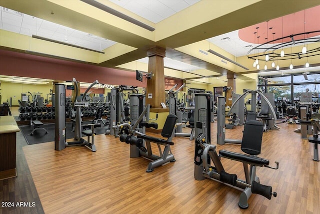 workout area with hardwood / wood-style floors and decorative columns