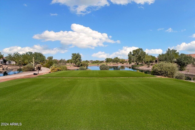 view of community featuring a water view and a yard